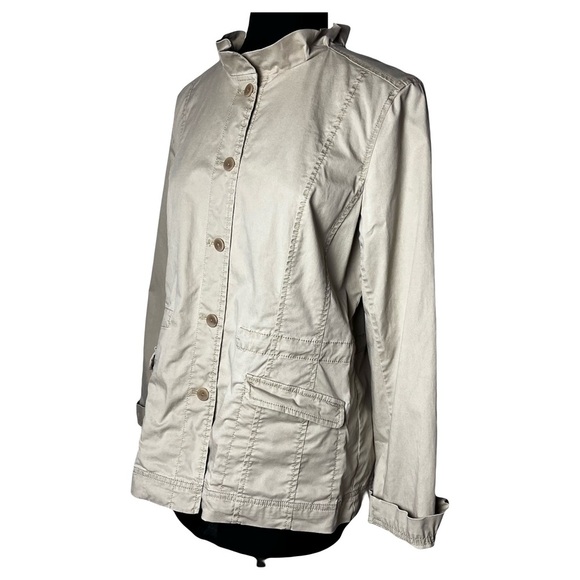 Eileen Fisher | Beige Ruffle Collar Utility Jacket, Large Petite - Picture 1 of 12